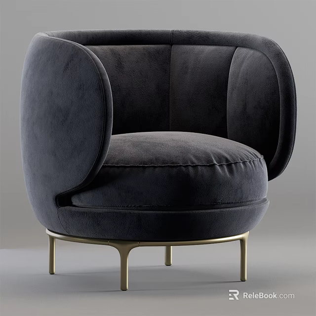 Comfortable Navy Blue Velvet Accent Chair Rounded Back Armrests Gold Metal Legs Modern Design 3d model 