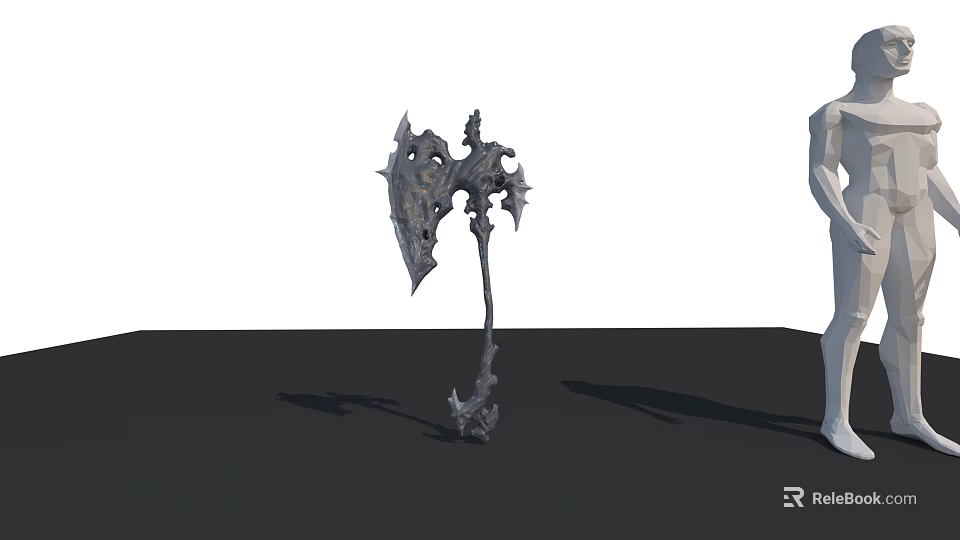 Decorative Fantasy Battle Axe With Intricate Metal Design And Human Figure Model 3d model 