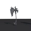 Decorative Fantasy Battle Axe With Intricate Metal Design And Human Figure Model