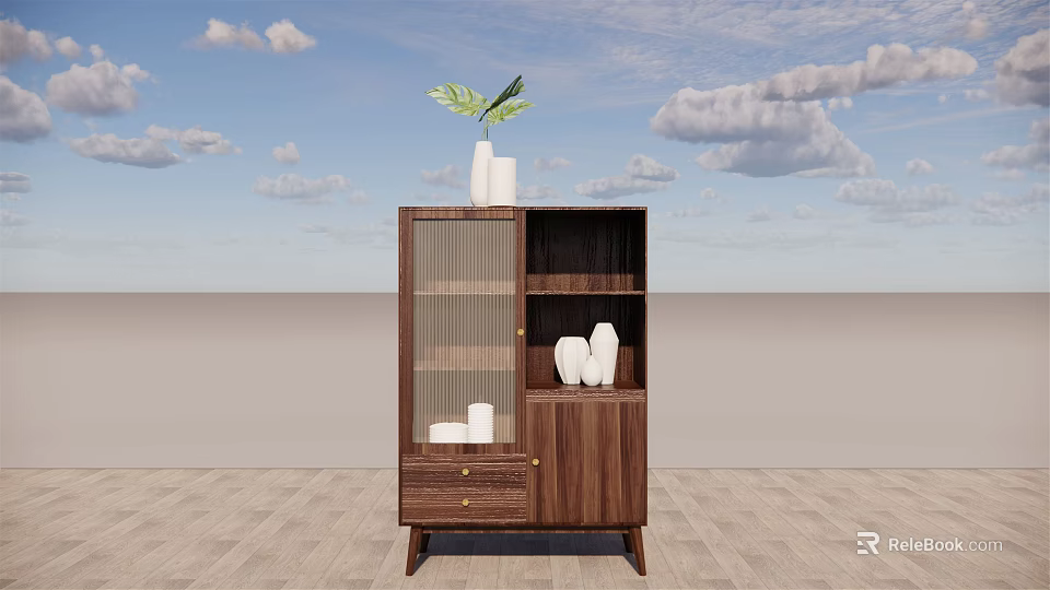 Modern Wooden Sideboard Featuring Glass Doors Drawers And Decorative Vase Plant 3d model 