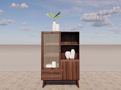 Modern Wooden Sideboard Featuring Glass Doors Drawers And Decorative Vase Plant 3d model