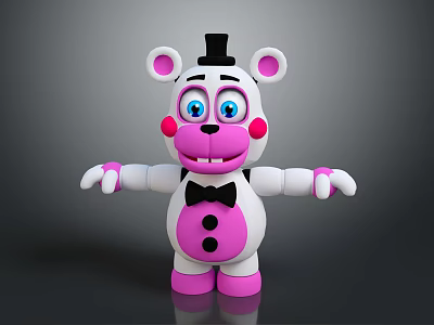 Playful Pink And White Cartoon Bear With Black Hat Bow Tie Blue Eyes And Blush 3d model
