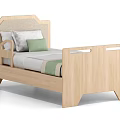 Single Bed with Wooden Frame Gray Mattress White and Green Pillows and Wheels