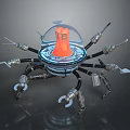 Futuristic Mechanical Device Featuring Multiple Robotic Arms And Orange Central Core Structure 3d model