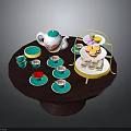 Ceramic Tableware Including Tea Pot Green Gold Rim Cups Saucers And Three Tier Dessert Stand