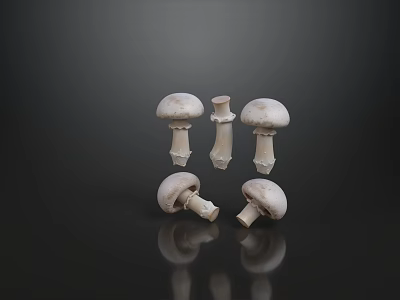 Fresh White Whole and Halved Mushrooms Neatly Arranged on Dark Background 3d model