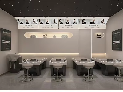 Modern Stylish Hair Salon Interior With Starry Ceiling And Comfortable Professional Hair Washing Workstations 3d model