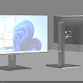 Sleek Dual Computer Monitors With Modern Stand Displaying Digital Interface And Blue Wave Design