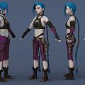 Blue Haired Fantasy Character With Sleeveless Top Striped Pants And Utility Belt