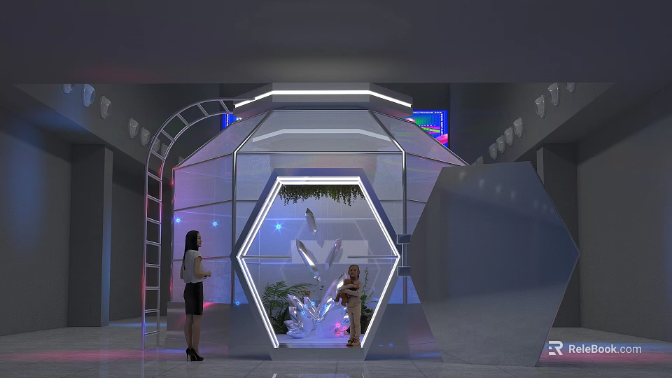 Modern Hexagonal Transparent Display Space With Neon Lights Indoor Plants And People Inside 3d model 