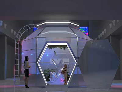 Modern Hexagonal Transparent Display Space With Neon Lights Indoor Plants And People Inside 3d model