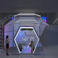 Modern Hexagonal Transparent Display Space With Neon Lights Indoor Plants And People Inside