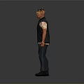 Man With Yellow Black Hair Wearing Dark Vest Light Shirt Blue Jeans Dark Shoes