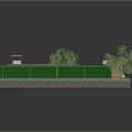 Cartoon Style Courtyard Scene With Green Fences Small Huts Red Gray Roofs Trees And Grassy Ground