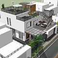 Modern Detached Villa With White Exterior Garage Balcony Staircase And Greenery