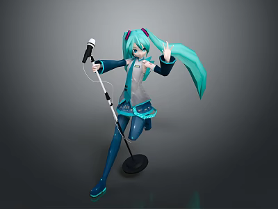 Game and Movie Character With Teal Long Hair Holding Microphone In Anime Style Outfit 3d model