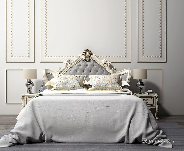 Ornate Gray Double Bed With Gold Accents Nightstand Lamps In European White Paneled Bedroom 3d model 