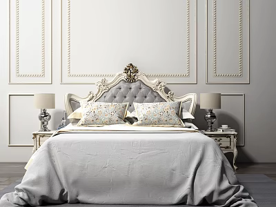 Ornate Gray Double Bed With Gold Accents Nightstand Lamps In European White Paneled Bedroom 3d model