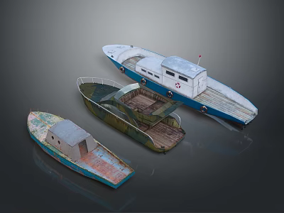 Three Old And New Boats Displaying Diverse Hull Colors And Cabin Designs 3d model
