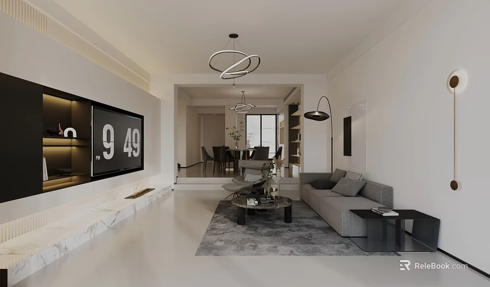 Modern Living and Dining Room Interior With Sofa TV Wall Dining Table And Pendant Lights 3d model 