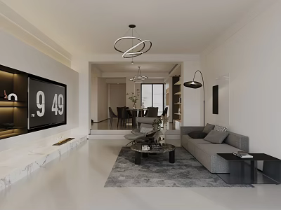 Modern Living and Dining Room Interior With Sofa TV Wall Dining Table And Pendant Lights 3d model