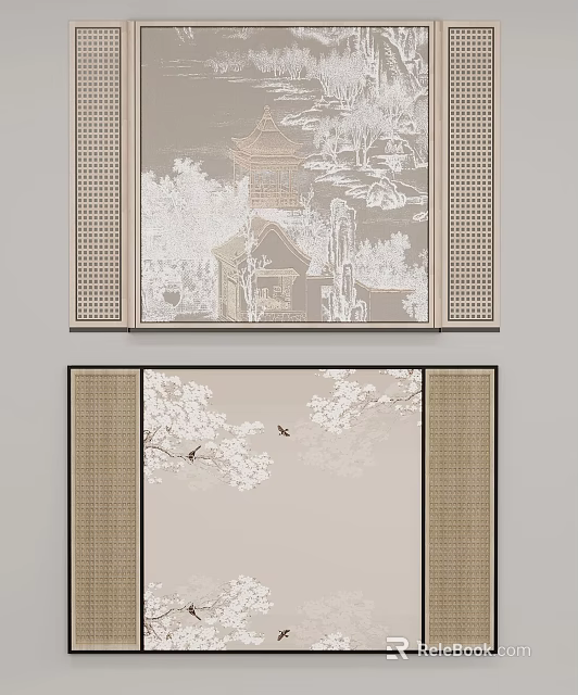Traditional Chinese Decorative Screens With Landscape Pavilion Cherry Blossoms And Flying Birds 3d model 