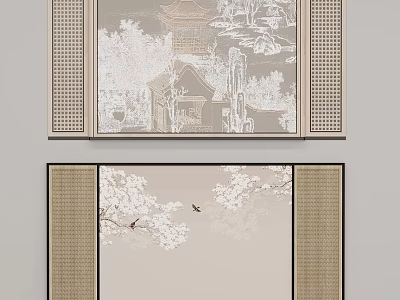 Traditional Chinese Decorative Screens With Landscape Pavilion Cherry Blossoms And Flying Birds 3d model