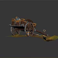 Vintage Wooden Cart with Large Wheels Barrel and Tools on Yellow Ground