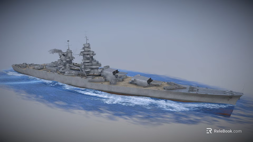Large Military Battleship Sailing on Blue Ocean with Turrets and Waves 3d model 