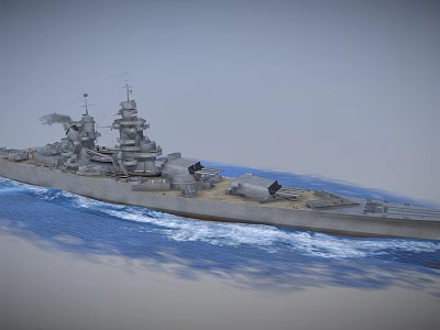 Large Military Battleship Sailing on Blue Ocean with Turrets and Waves 3d model