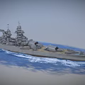 Large Military Battleship Sailing on Blue Ocean with Turrets and Waves
