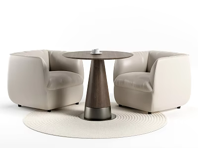 Modern Round Wooden Table With Beige Armchairs On Light Round Rug Cozy Living Room Set 3d model