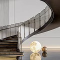 Modern Spiral Staircase Interior With Glass Railing Wooden Steps And Moon Light Decor