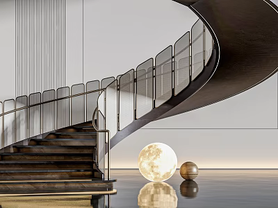 Modern Spiral Staircase Interior With Glass Railing Wooden Steps And Moon Light Decor 3d model