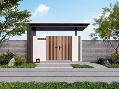 Modern Chinese Style Entrance Gate With Stone Wall And Green Plants In Courtyard 3d model