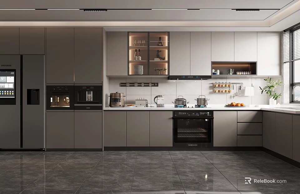 Sleek Modern Kitchen Interior Design With Built-in Appliances Glass Door Cabinets And Smooth Countertop 3d model 