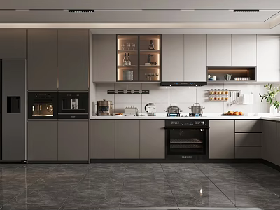 Sleek Modern Kitchen Interior Design With Built-in Appliances Glass Door Cabinets And Smooth Countertop 3d model