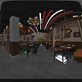 Modern Restaurant Interior With Red Light Strips Decorative Tree Round Mirror And Green Chairs