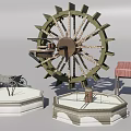 Vintage Building Components with Waterwheel Wooden Cart Roofed Pavilion and Stone Well