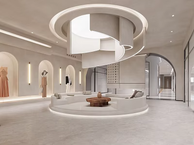 Elegant Modern Hotel Public Lounge Area With Circular Seating And Soft Ambient Lighting 3d model