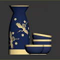Blue Gold Decorative Vase with Crane Star Patterns and Matching Bowls