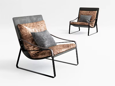 Modern Lounge Chairs With Black Metal Frame Brown Upholstery And Gray Cushions 3d model