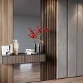 Modern Interior Design With Wooden Slat Partition Marble Wall Decorative Vase Red Flowers And Books