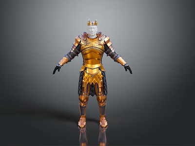 Golden Armored Figure With Crown Standing In Gray Background With Decorative Details 3d model