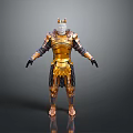 Golden Armored Figure With Crown Standing In Gray Background With Decorative Details