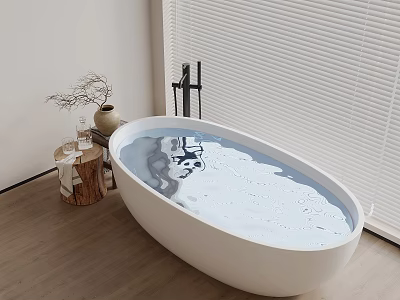 Stylish Freestanding Bathtub Interior With Wooden Side Table Dried Branches Vase And Black Faucet 3d model