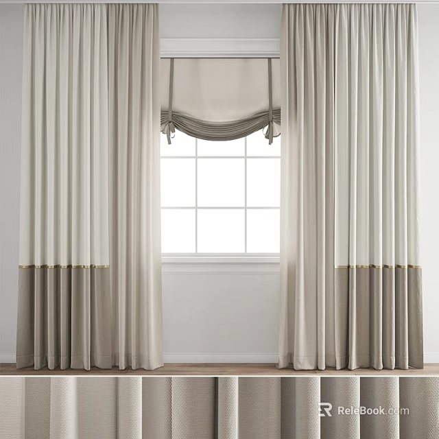 Modern Beige And Gray Curtains With Valance Top And Bottom Hem Design 3d model 