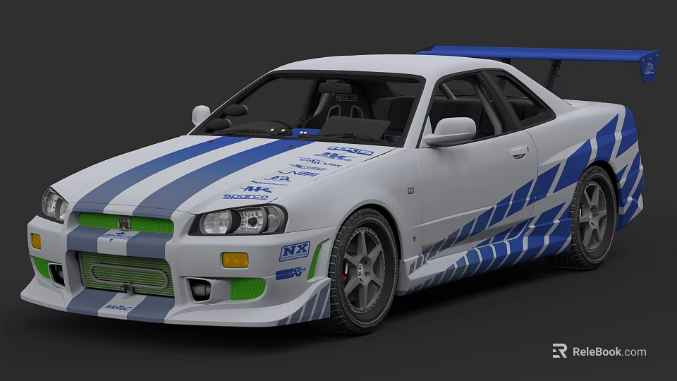 White And Blue Striped Sports Car With Rear Spoiler And Racing Decals 3d model 