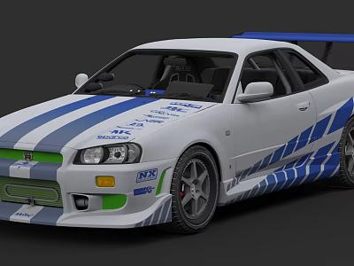 White And Blue Striped Sports Car With Rear Spoiler And Racing Decals 3d model