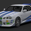 White And Blue Striped Sports Car With Rear Spoiler And Racing Decals